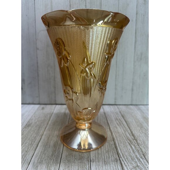 Vtg Jeannette Marigold Carnival Depression Herringbone Vase Iris Peach 9'' Tall - Picture 3 of 11